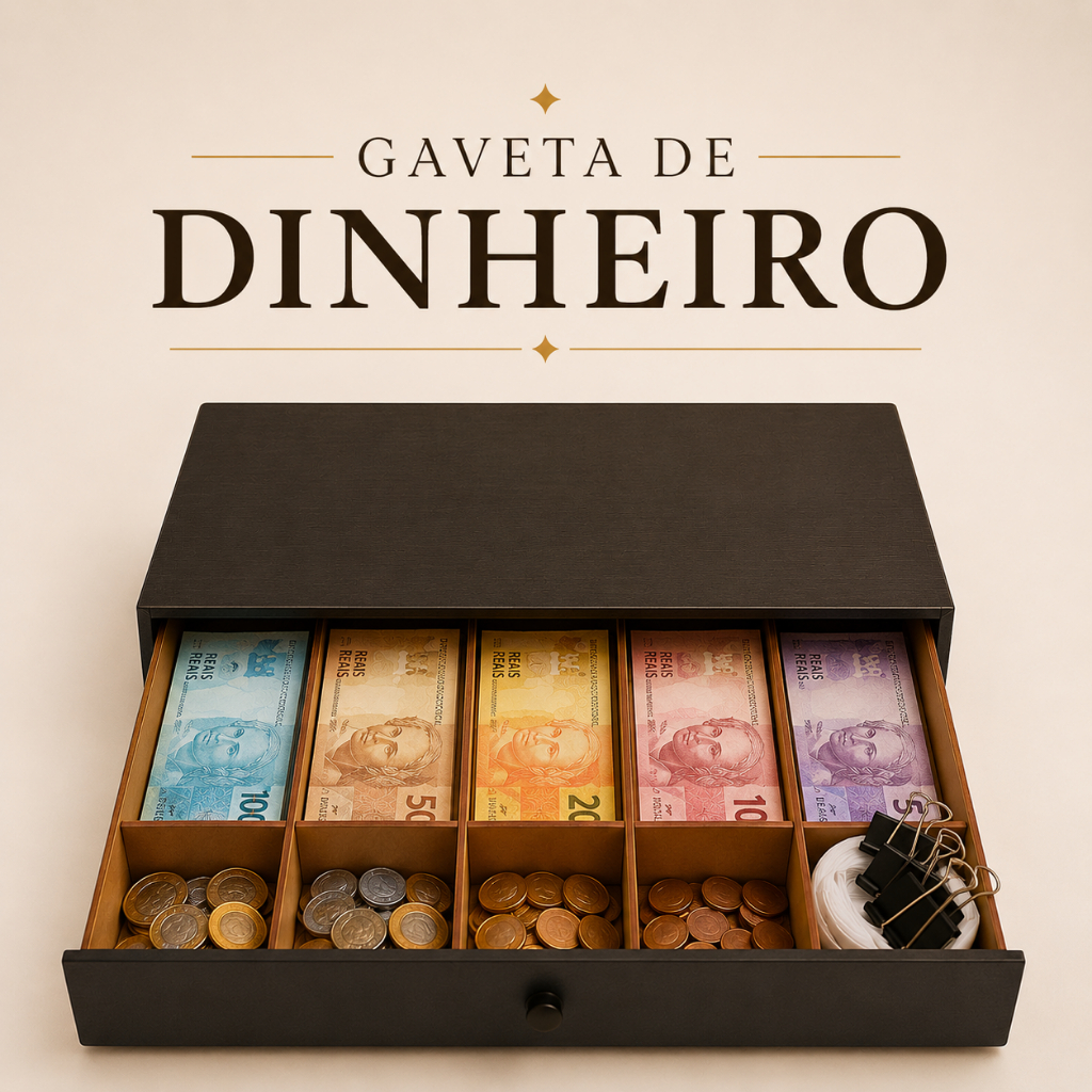 Gaveta de Dinheiro MDF Preto 38x26x7 cm Gaveta Facilita Troco Comércio Pequeno Cédulas e Moedas