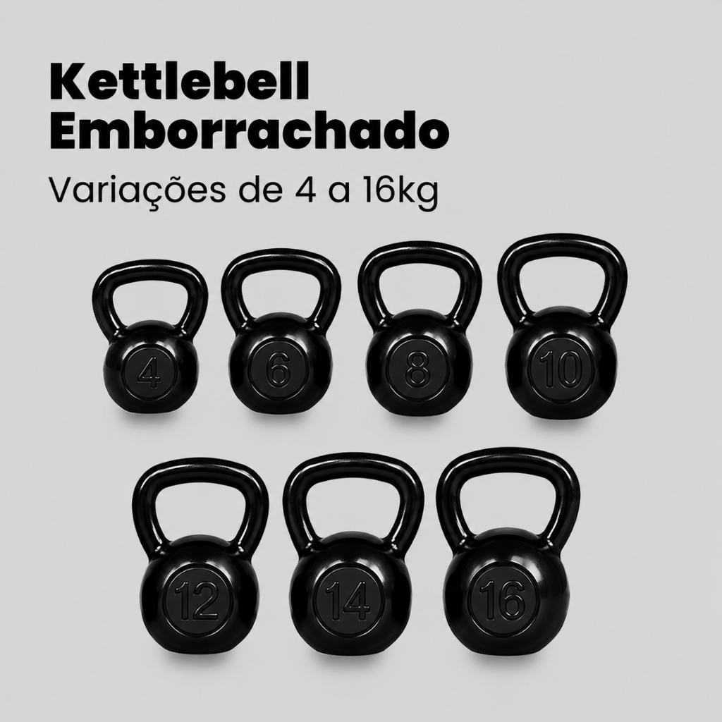 Kettlebell Emborrachado 4KG a 16KG Peso Academia Treino Funcional Casa Academia Exercícios de Força Resistência Crossfit