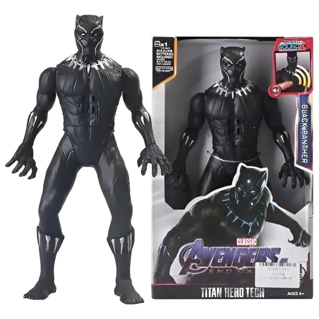 Boneco Pantera Negra Articulado Grande Com Som E Led 30cm