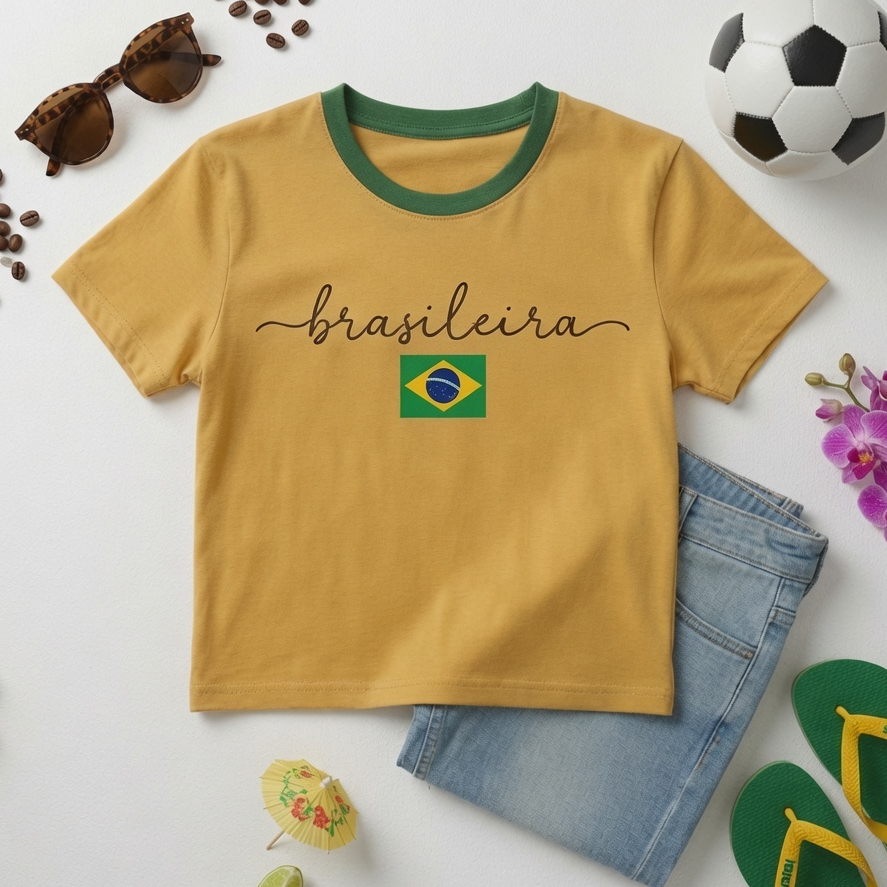 Cropped Feminino Brasil Amarelo Manga Curta Gola Verde Estampa Brasileira Torcida Casual