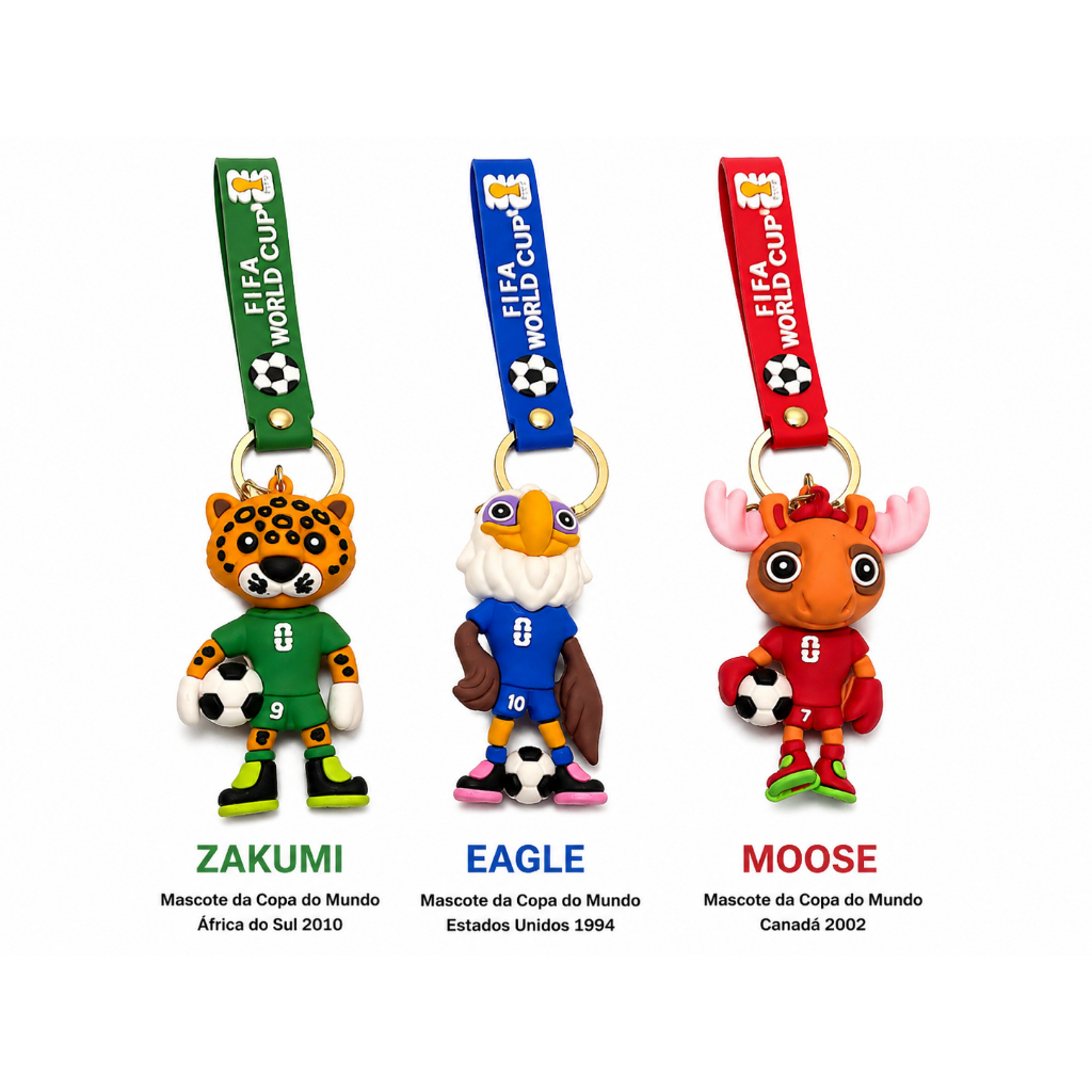 Kit 3 Chaveiros Mascotes da Copa do Mundo 2026 8cm em Silicone | Futebol Colecionável