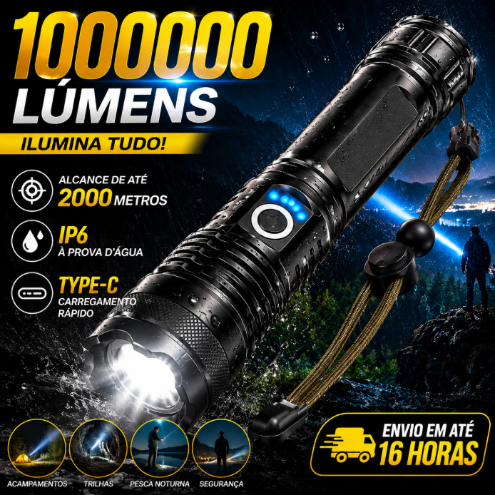 Lanterna Tática LED Super Potente 1000000 Lúmens Recarregável USB-C Zoom Alcance 2000m IPX6 Modo SOS Emergência