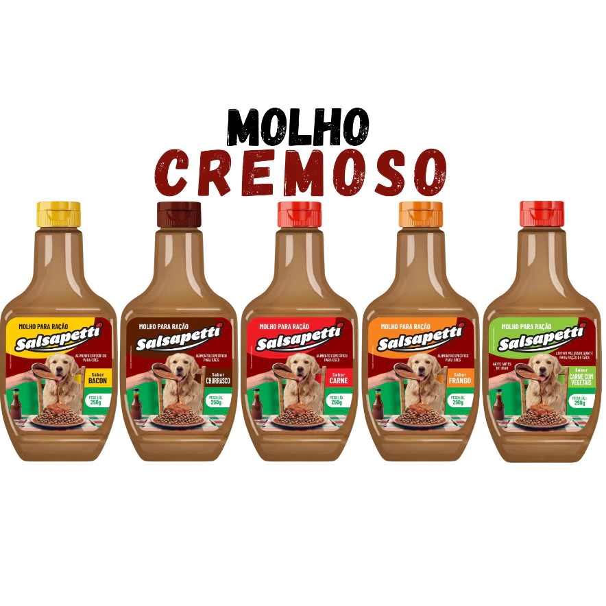 Kit 5 Molho para Ração de Cachorro 250g Salsapetti Carne Frango Bacon Churrasco Cremoso Sachê para Cachorro Molho Pet