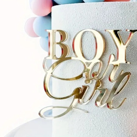 Topo de Bolo Boy or Girl Chá Revelação em Acrílico Espelhado Bebê Menino ou Menina Moderno