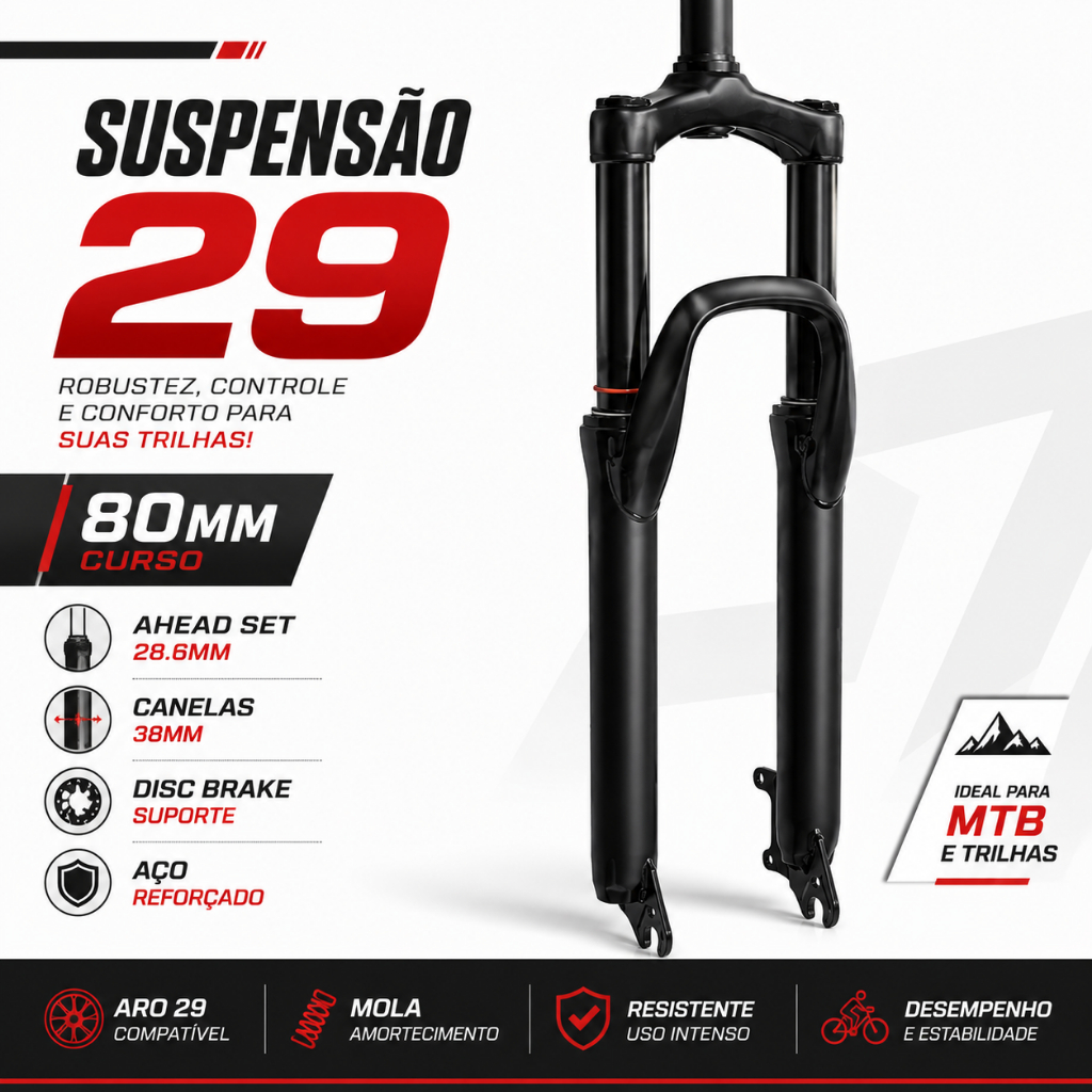 Suspensão Garfo Aro 29 Freio Disco Aheadset MTB Bike Aço Reforçada