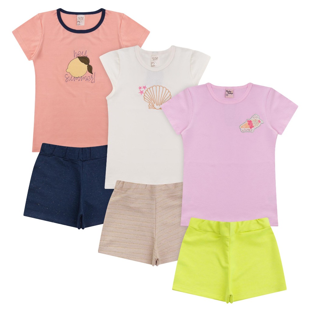 Kit 3 Conjuntos Infantil Menina Verão Blusa Shorts Algodão Bordado Sortido 1 ao 14