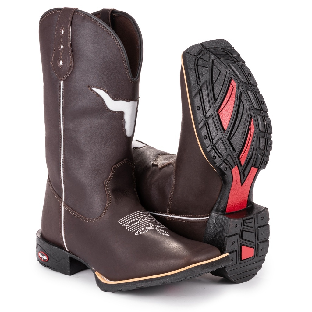 Bota Texana Masculina Country Bico Quadrado Solado De Borracha Touro Vazado