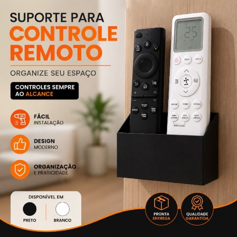 Suporte de Parede para Controle Remoto Universal | Organizador de Controles TV, Ar Condicionado e Portão| Preto / Branco