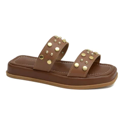 Papete Rasteira Flat Feminina Plataforma Baixa Elegance Com Detalhes ABS Dourado Confortável