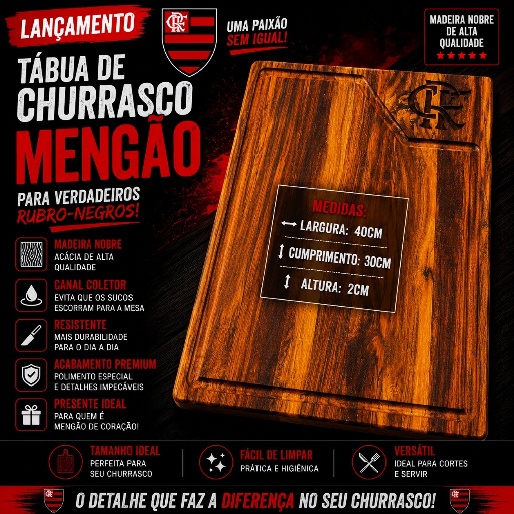 Tabua de Churrasco Madeira Teka Exclusividade Flamengo