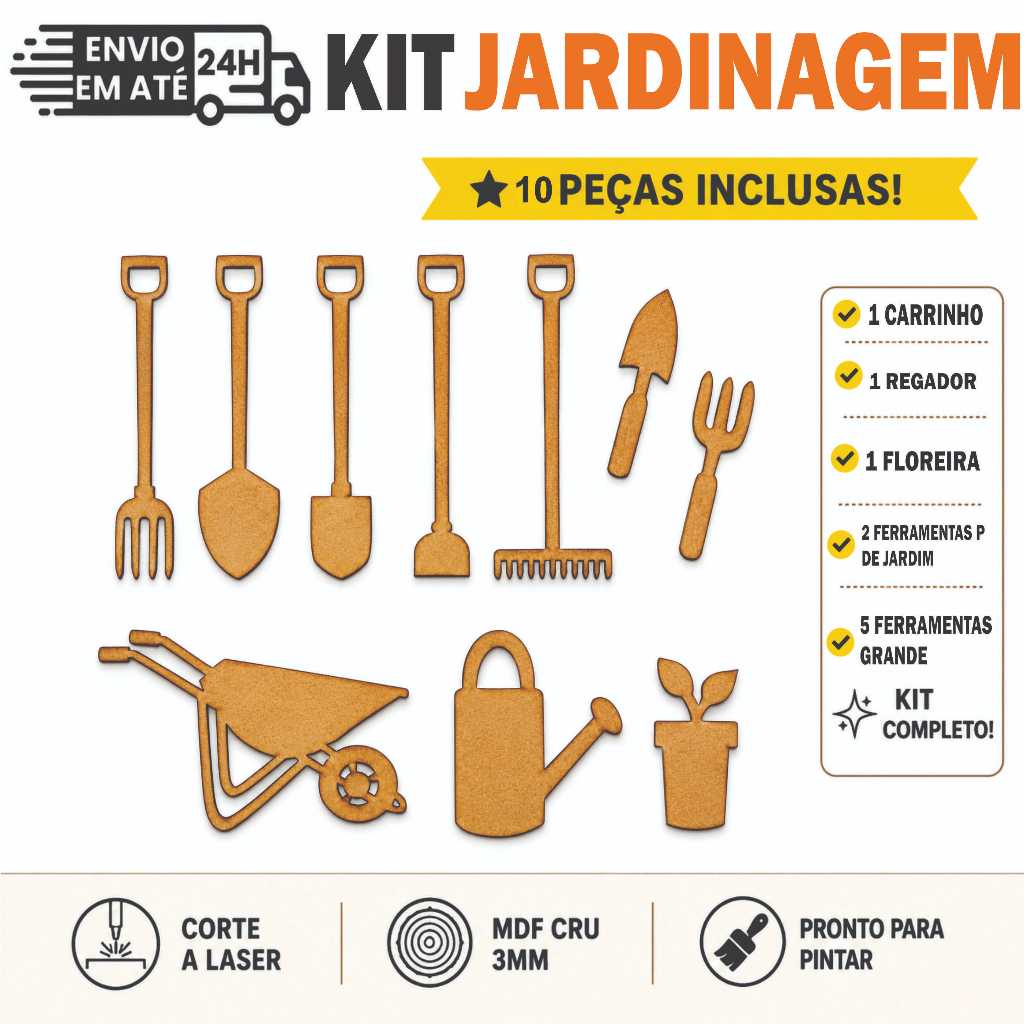 Aplique em MDF Miniaturas de Jardinagem - Kit Ferramentas Jardinagem p/ Scrapbook e Decoração Peças para artesanato