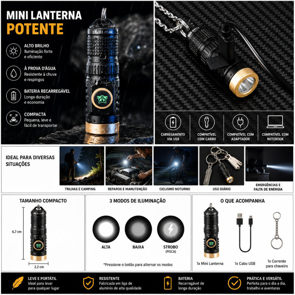 Micro Lanterna EDC Led XPG Com Alça De Pescoço à prova d'água Carregamento USB Rápido e Seguro