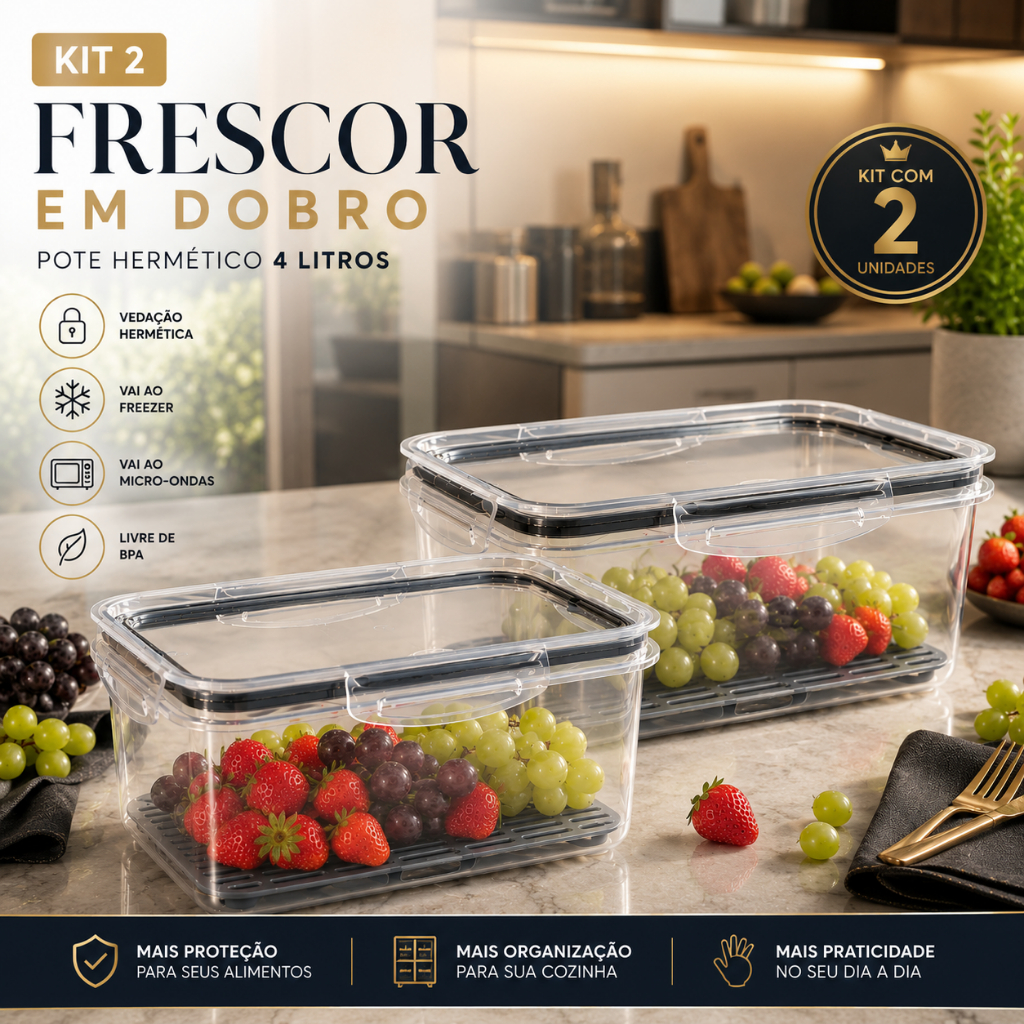 Kit 2 Potes Herméticos Plástico Porta Frutas Frios 4L Com Travas Cesto Escorredor Vegetais Alimento