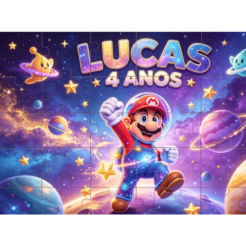 Kit 8 a 40 Quebra-Cabeças MDF 10x15 Mario Galaxy Personalizado Nome e Idade Lembrancinha de Aniversário Infantil Tema