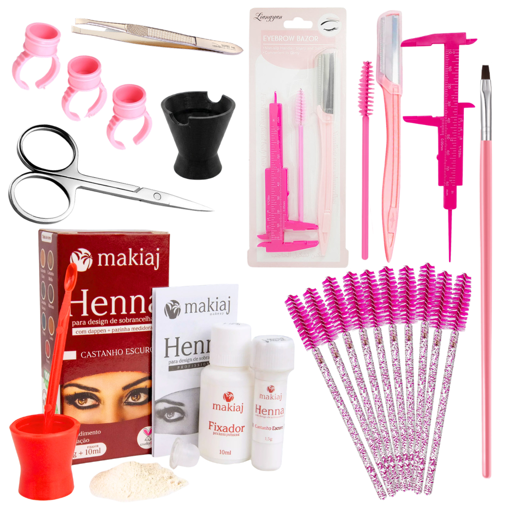 Kit Design para Sobrancelhas Henna Makiaj Hipoalergênica Paquimêtro Navalha Completo Kit Sobrancelha