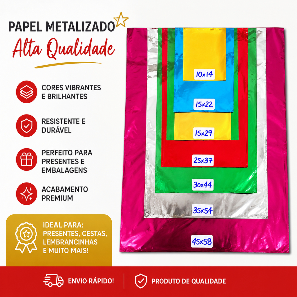 50 SACOS DE PRESENTE 10x14 | 15x22 | 15x29 | 20x29 | 25x37 | 30x44 | 35x54 / METALIZADOS -embalagem