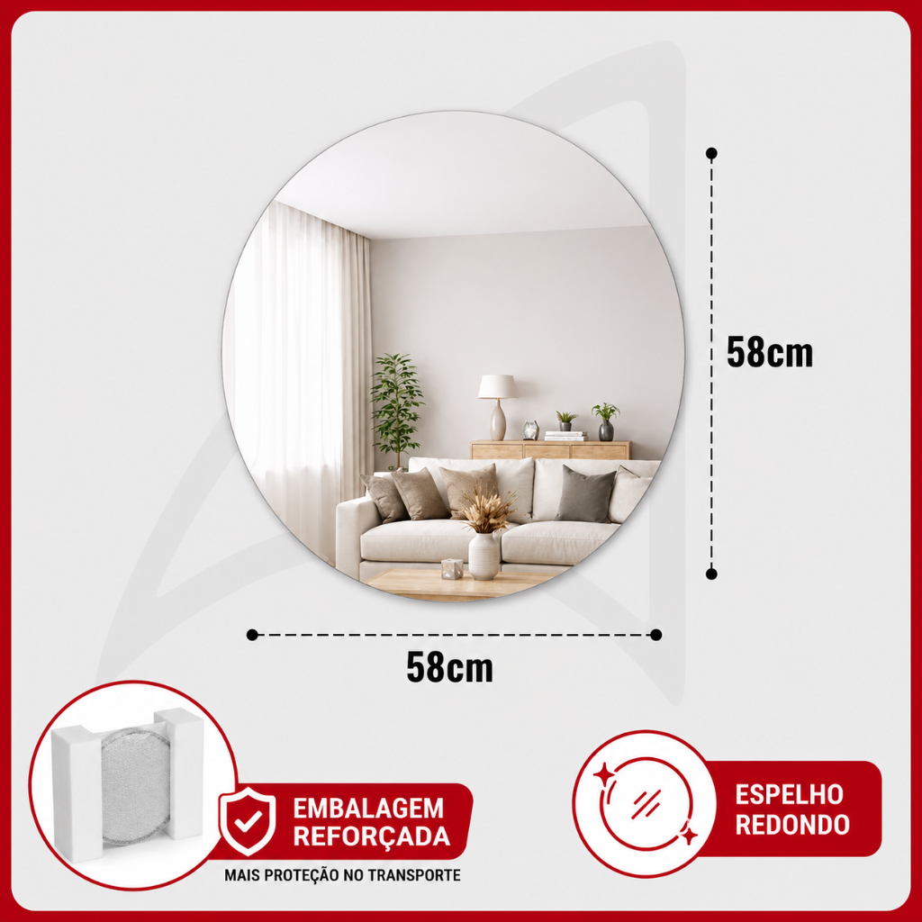 Espelho Redondo Decorativo Premium Vidro 58x58cm para Sala Quarto Banheiro