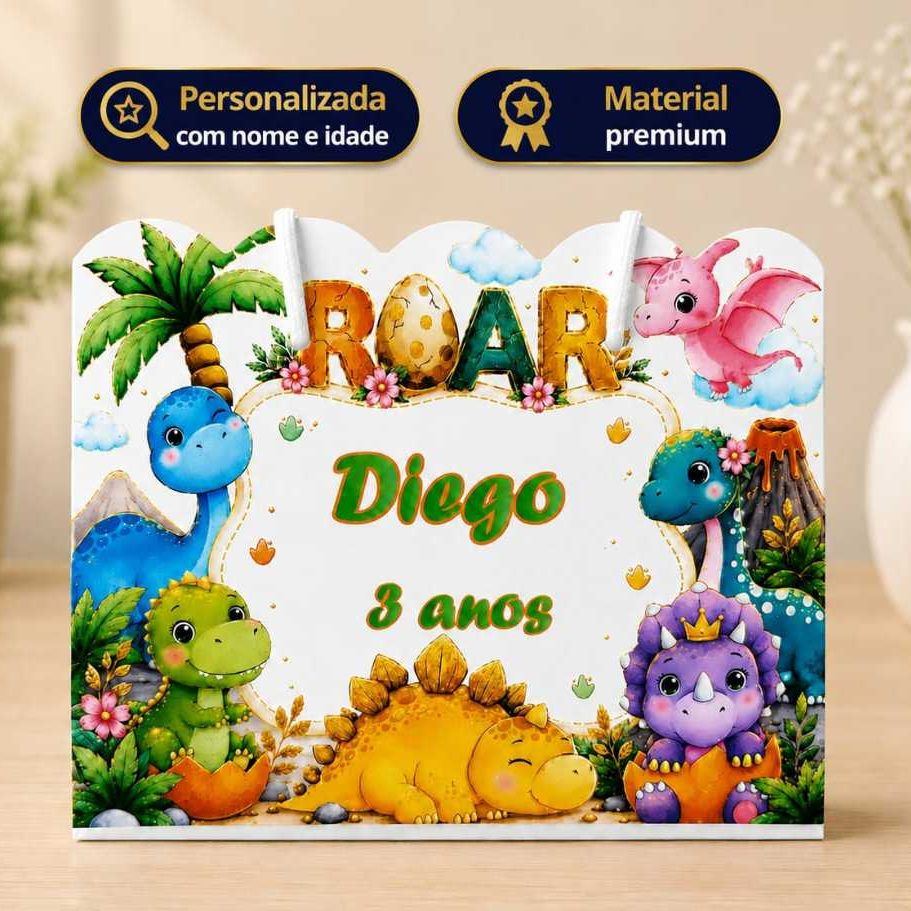Sacolinha Personalizada Dinossauro dourado com Nome e Idade | Lembrancinha de Aniversário