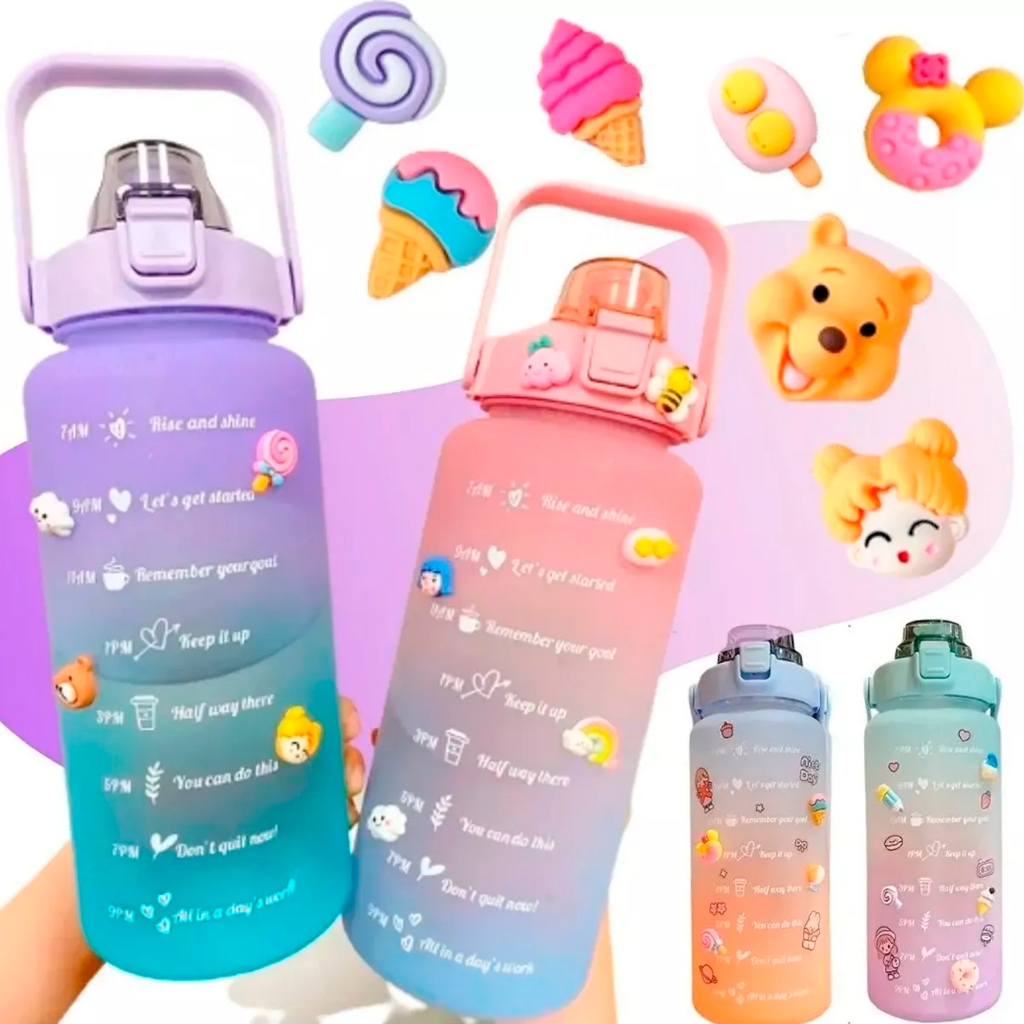 Kit Garrafas 3 em 1 garrafas 2L 900ml 300ml Squeze Academia Treino Viagem com adesivos