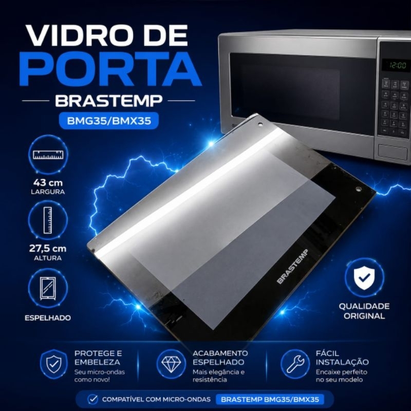 Vidro de Porta do Micro-ondas *Brastemp* - Modelos: BMG35ABHNA/BMX35 - Medidas: 43 cm (Largura) × 27,5 cm (Altura)