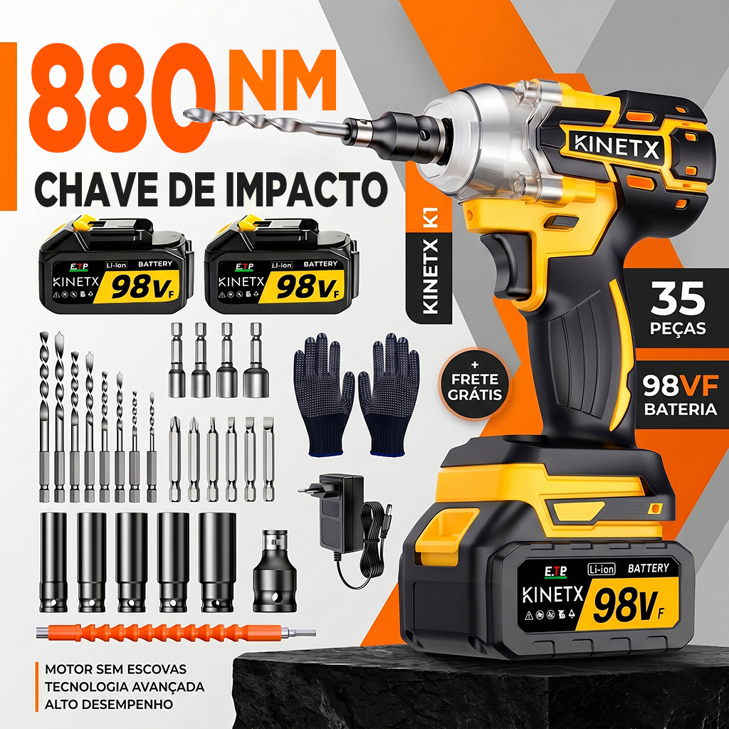 Kit Chave De Impact 880NM 31pcs 98Vf 2 Baterias 3 em 1 Brushless Furadeira Parafusadeira Eletrica Sem Fio ferramentas