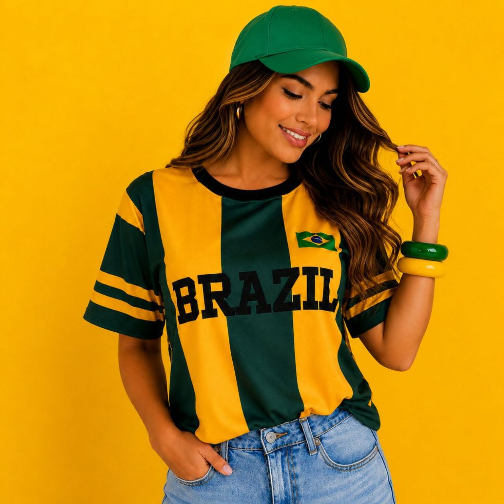 Camisa Brasil Verde Amarelo Feminina Blusa T-shirt Malha Suede Premium