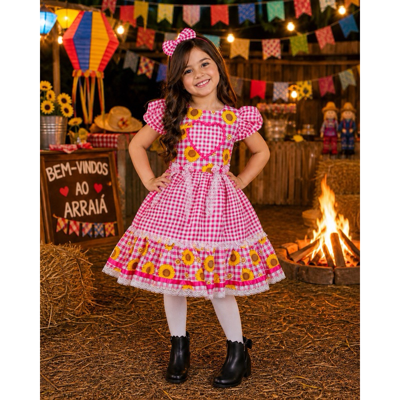 Vestido Bebe Infantil Festa Junina Xadrez  RN a 9 anos