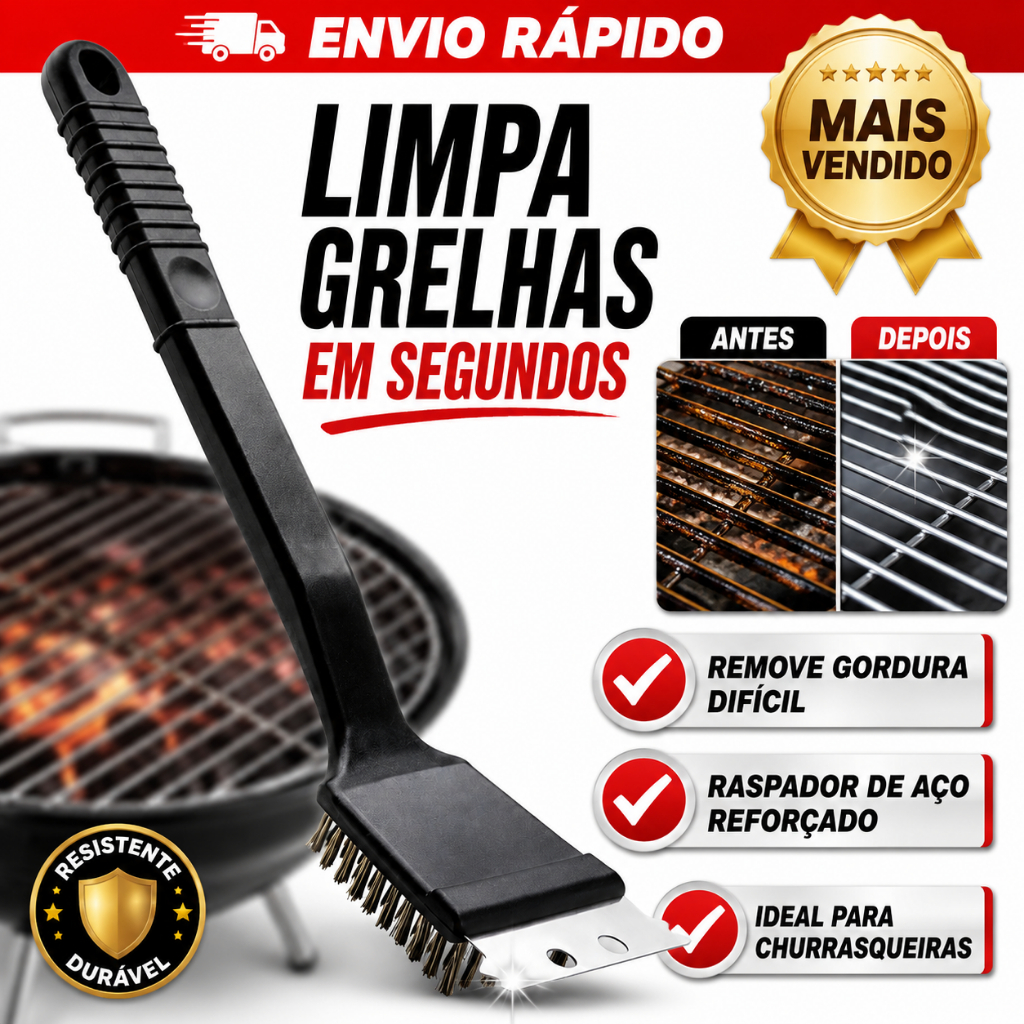 Escova Limpa Grelha Churrasqueira Com Raspador Cerdas De Aço - ENVIO E ENTREGA RÁPIDA