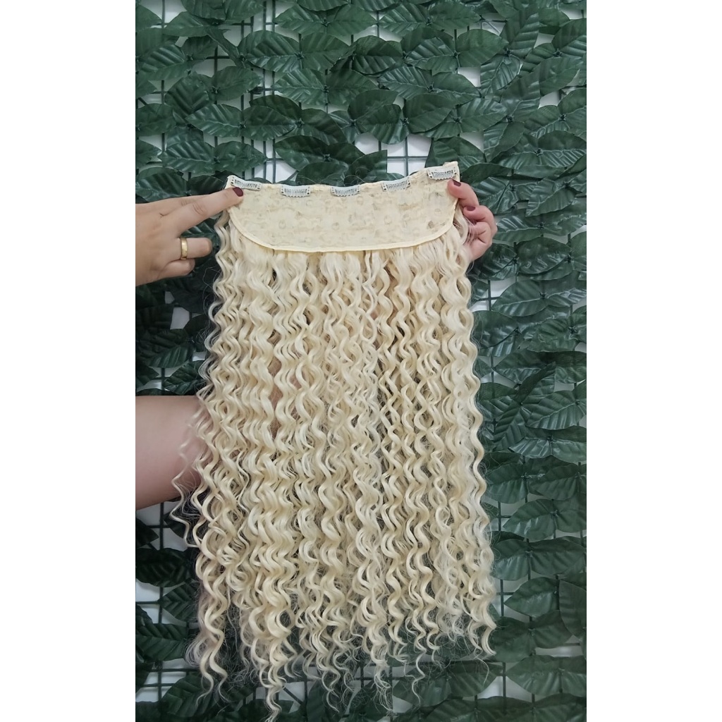 Aplique Cabelo Loiro Claríssimo Cacheado Igual Humano 1 Tela 50cm 150grs Semi Humano