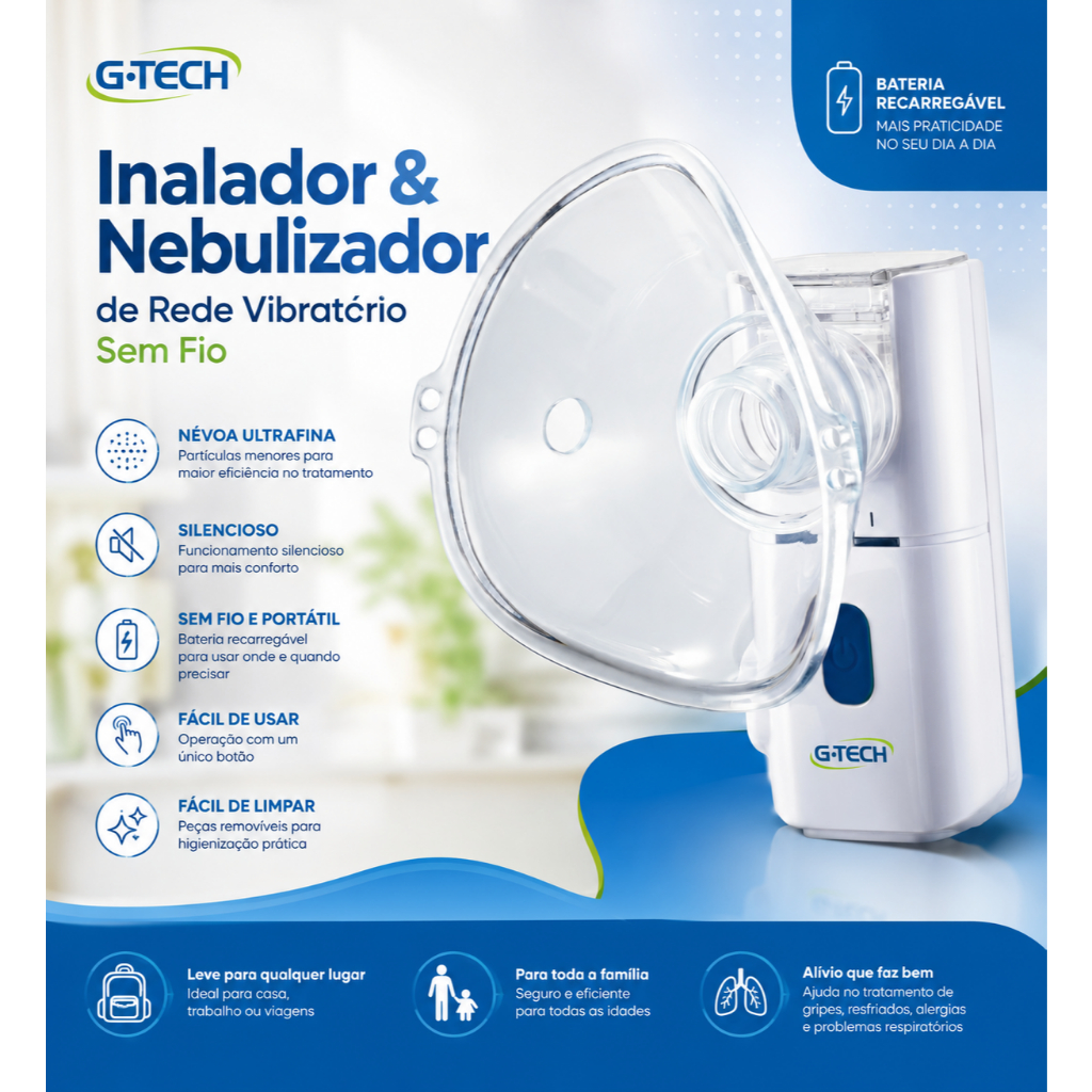 Inalador e Nebulizador de Rede Vibratório Sem Fio Silencioso Da G-Tech