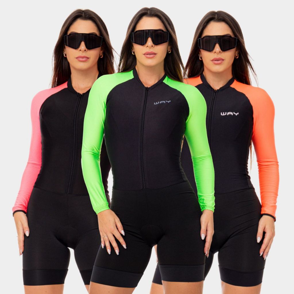 Macaquinho Ciclismo Feminino Manga Longa Acolchoado Forro Espuma Macacão Bike Pedal Mtb