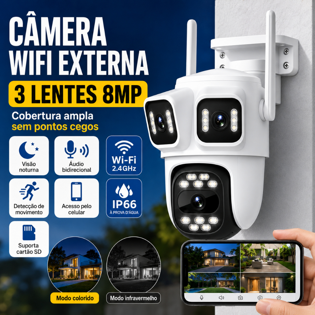 Câmera Segurança WiFi 3 Lentes 8MP IP66 Visão Noturna Áudio Duplo iCSee