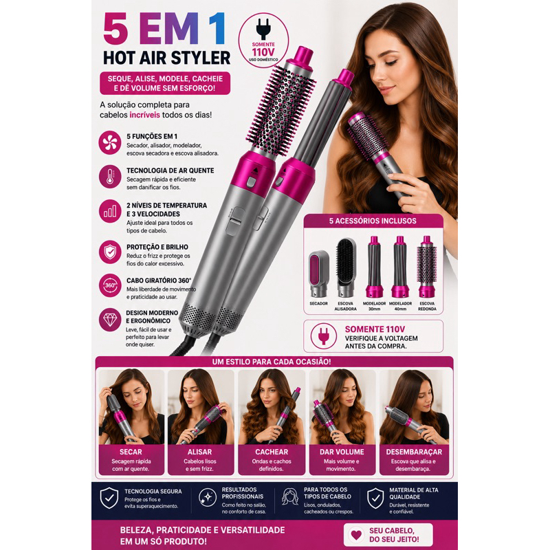 Escova 5 em 1 Secador, Pente, Modelador, Aumenta volume Profissional PRODUTO REEMBALADO