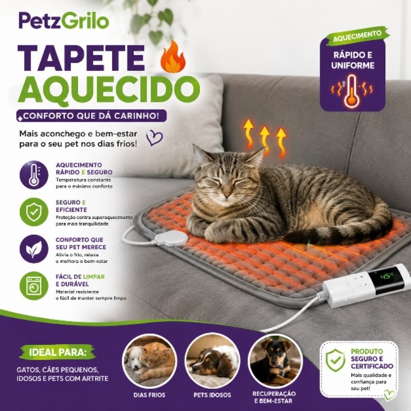 Tapete Térmico Elétrico para Cachorro 30x60cm – 9 Níveis de Temperatura Ajustável, Cama Aquecida Pet