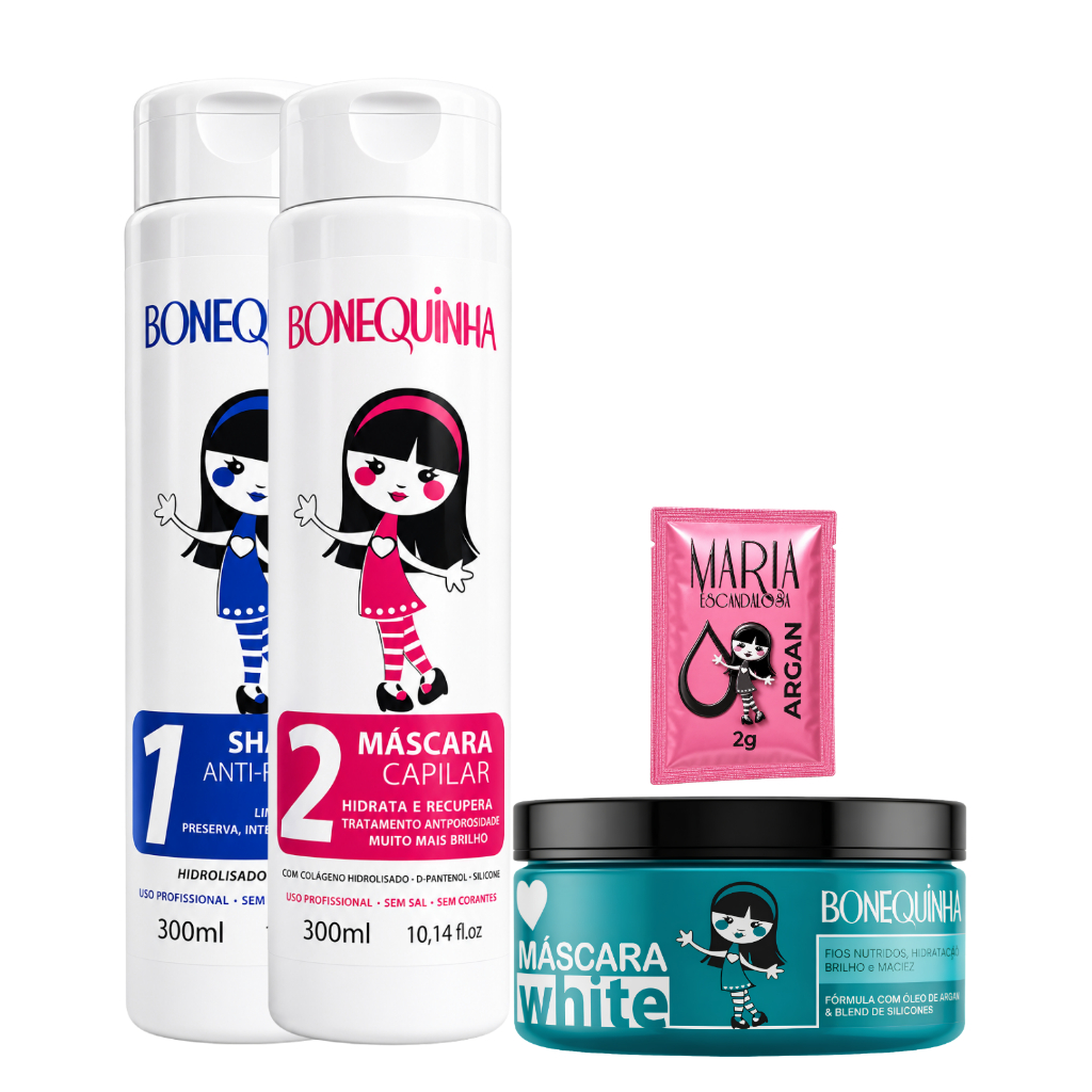 Kit Máscara Antifrizz 2x300ml + Máscara Btox White 250g Bonequinha Escandalosa