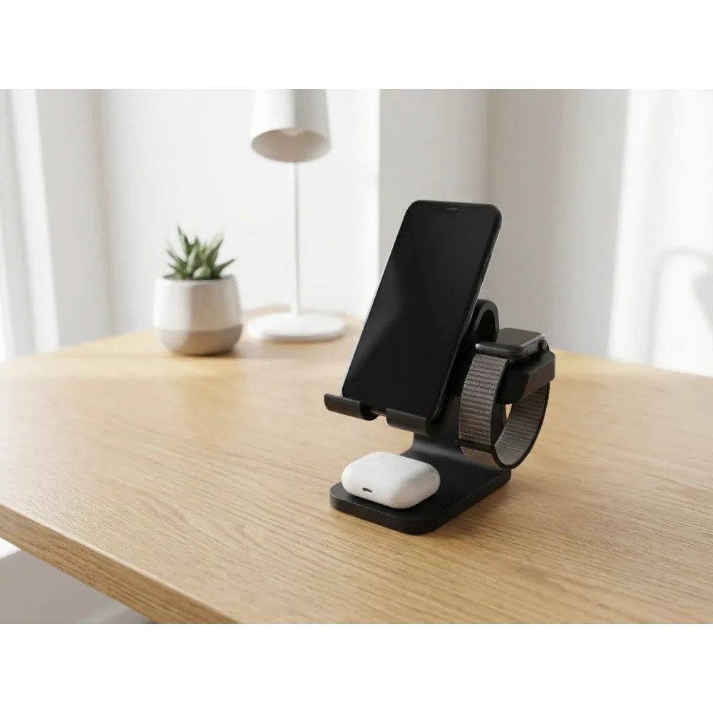 Suporte Carregador 3 em 1 Dock Station | Base Celular Relógio Fone | Organizador Mesa 3D