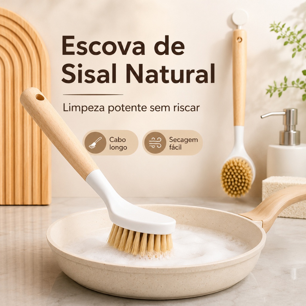 Escova De Cozinha Madeira Sisal Natural Cabo Longo Lavar Panela Louca Nao Risca Anti-Gordura Ecologico Premium Kit