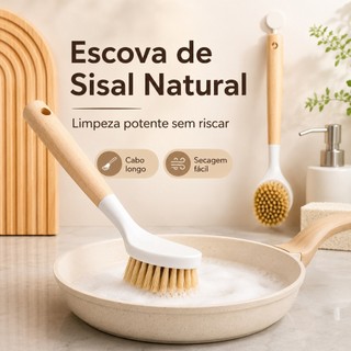 Escova De Cozinha Madeira Sisal Natural Cabo Longo Lavar Panela Louca Nao Risca Anti-Gordura Ecologico Premium Kit