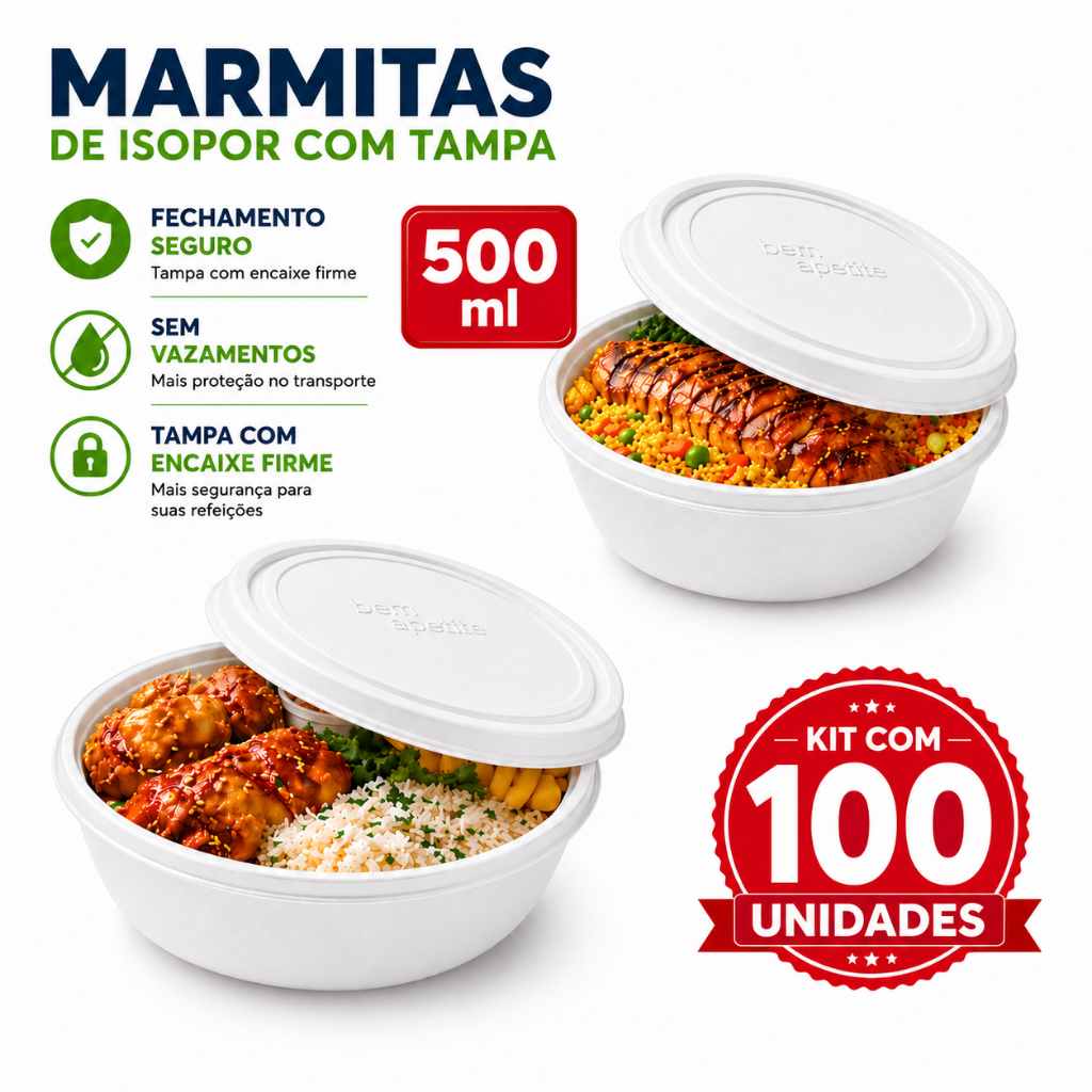 Marmita Isopor Com Tampa 500ml Kit 25,50,100 Unidades A Mais Vendida Marmitex  Reforçada Não Vaza