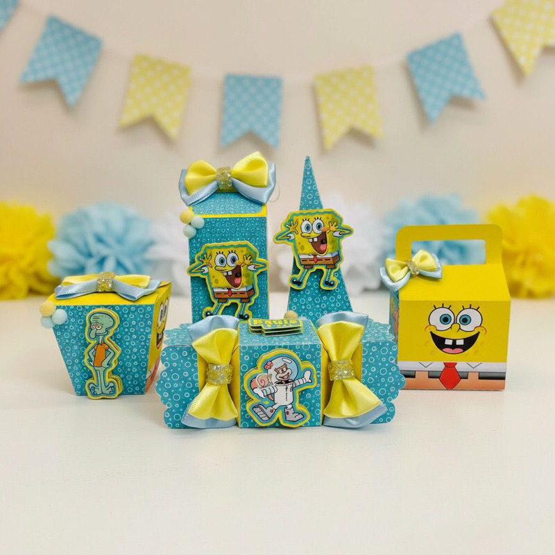 Kit Festa Personalizado Bob esponja- Caixas Milk, Bala, Pirâmide, Sushi e Mala – Lembrancinha Aniversário