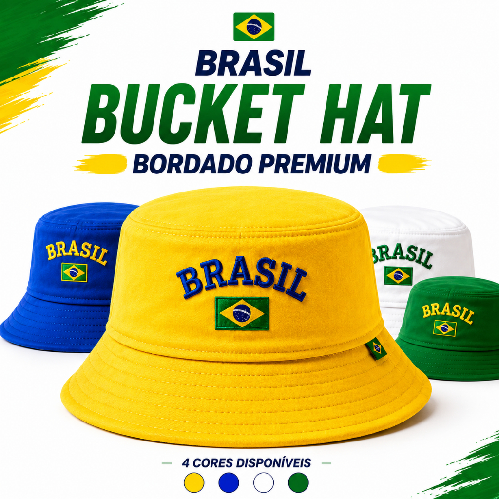 Chapéu  Bucket Hat Brasil Copa do Mundo 2026 Bordado Premium Pescador  Unissex Masculino Feminino