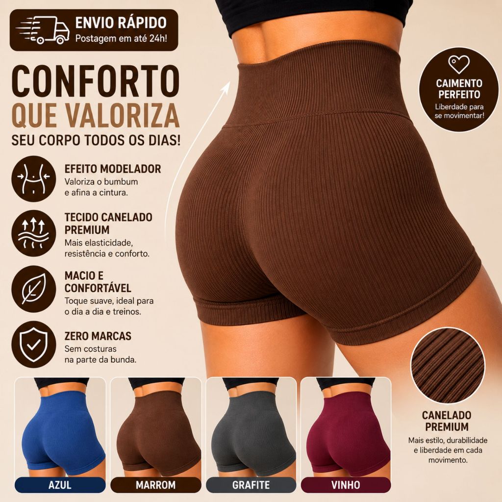Shorts Feminino Academia Canelado Premium Fitness Cintura Alta Sem Costura Zero Transparente