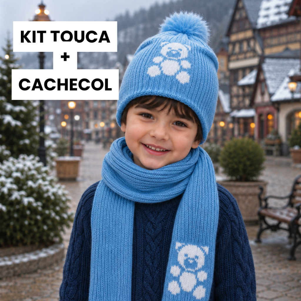 Kit Touca e Cachecol Infantil Menino Ursinho Inverno Tricô Quentinho Pompom 1 a 6 Anos