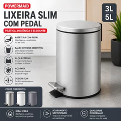 Lixo / Lixeira com tampa Slim em Aço Inox com Pedal – 3L e 5L - Branco, Cinza Fosco e Inox Powermaid