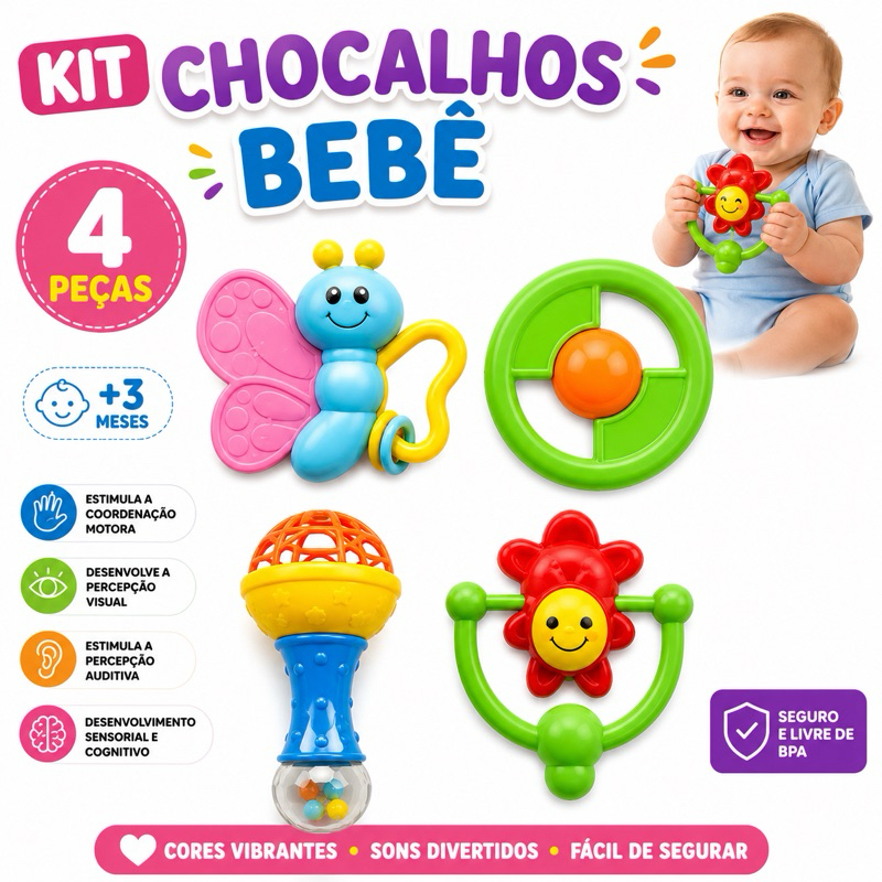 Kit Chocalhos Bebê 4 Peças Coloridos Educativos Mordedor Sensorial