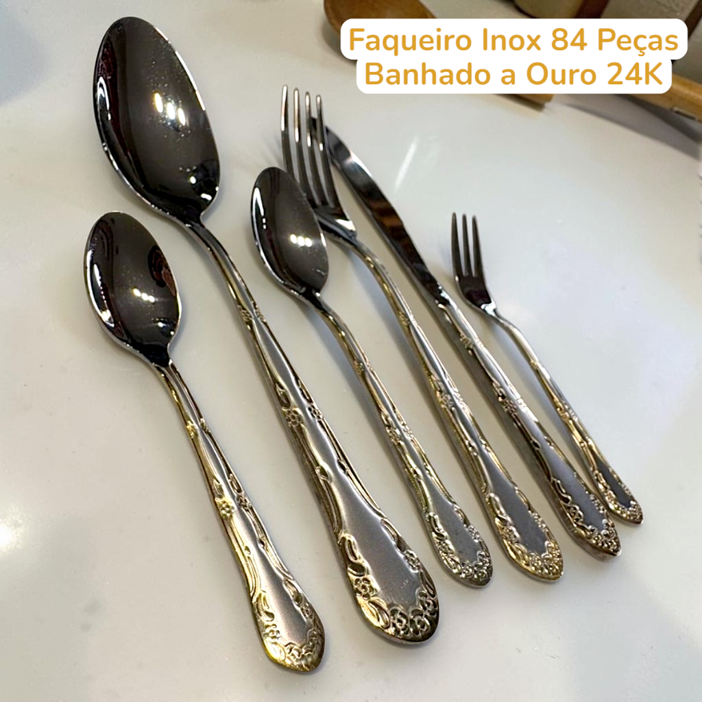 Faqueiro Inox 84 Peças Banhando A Ouro 24k Kit Luxo Inox Maleta Promoção 1