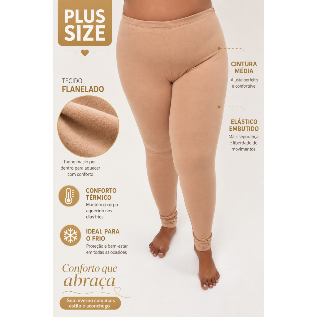 Calça Térmica Flanelada Segunda Pele Plus Size Nude Bege Preto Para o Frio Modelo Unissex