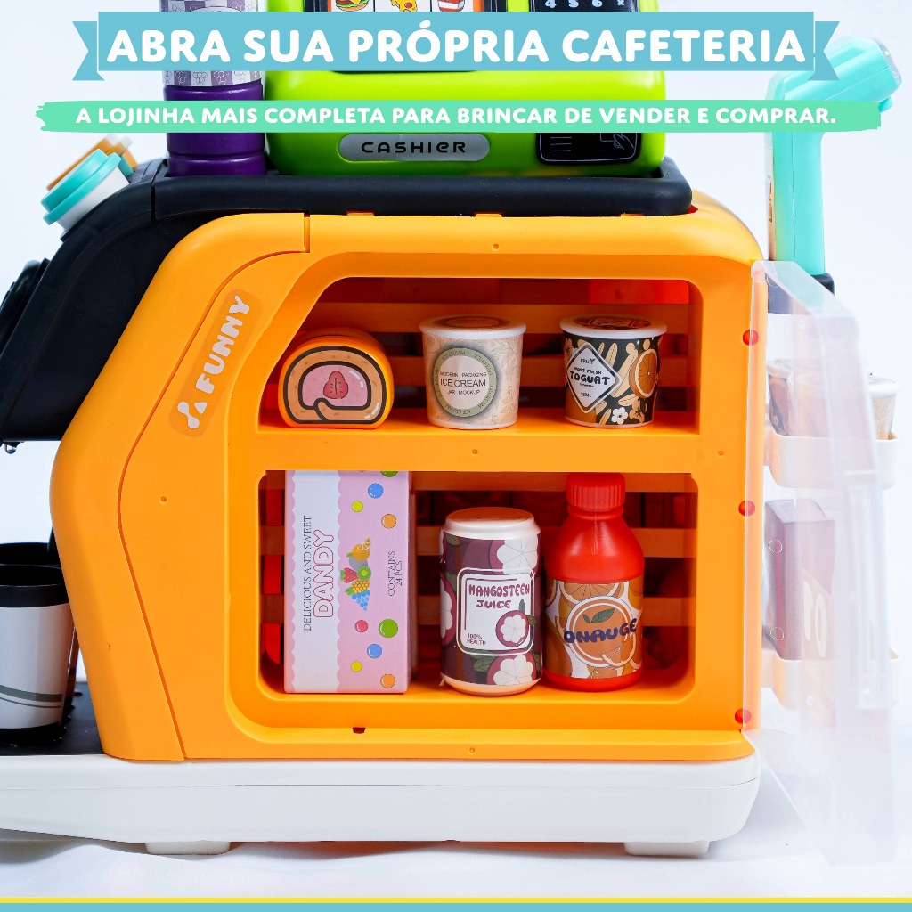 Cafeteria Infantil Lojinha Completa 50 Peças Scanner Caixa Registradora Luz Som Dinheiro