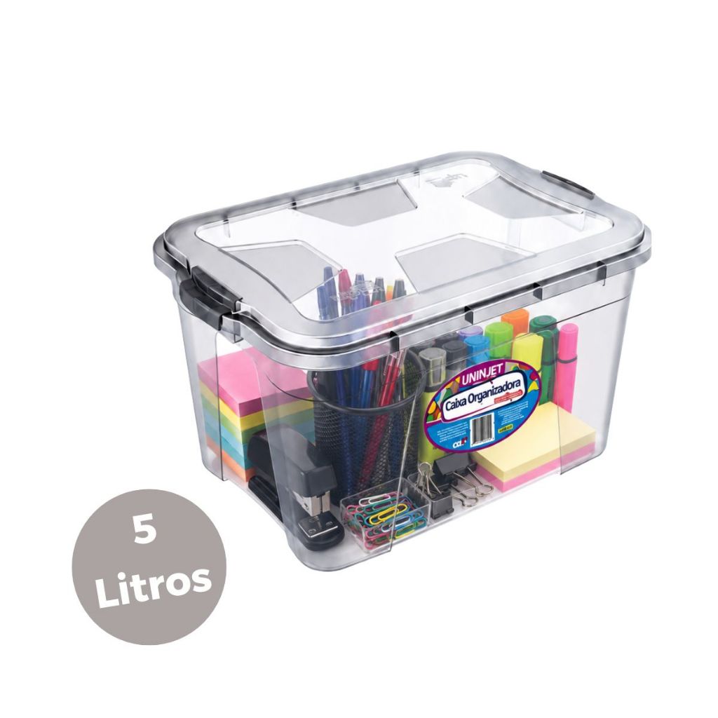 Caixa Organizadora 5 Litros Multiuso Plástico Transparente Tampa Trava Armazenamento 28x18x18
