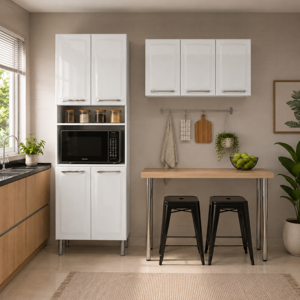 Cozinha Compacta Itatiaia Tarsila 2 Peças em Aço com Paneleiro e Armário Aéreo Branco